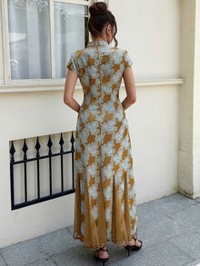 EastFlair Women's Floral Print Frog Button Design Chinese Style Elegant Casual Retro Long Dress Wedding Dinner Formal Party Cruise Vacation Brown Summer - Multicolor - View 4