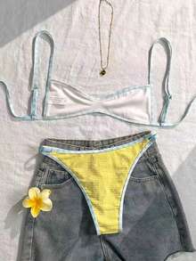 SHEIN Swim 2026新款女款夏季黃色獨特面料粉色滾邊比基尼，細肩帶性感可愛度假修身休閒俏皮兩件式泳衣海灘裝 - 黃色 - 查看 2
