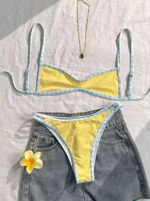 SHEIN Swim 2026新款女款夏季黃色獨特面料粉色滾邊比基尼，細肩帶性感可愛度假修身休閒俏皮兩件式泳衣海灘裝 - 黃色 - 查看 1