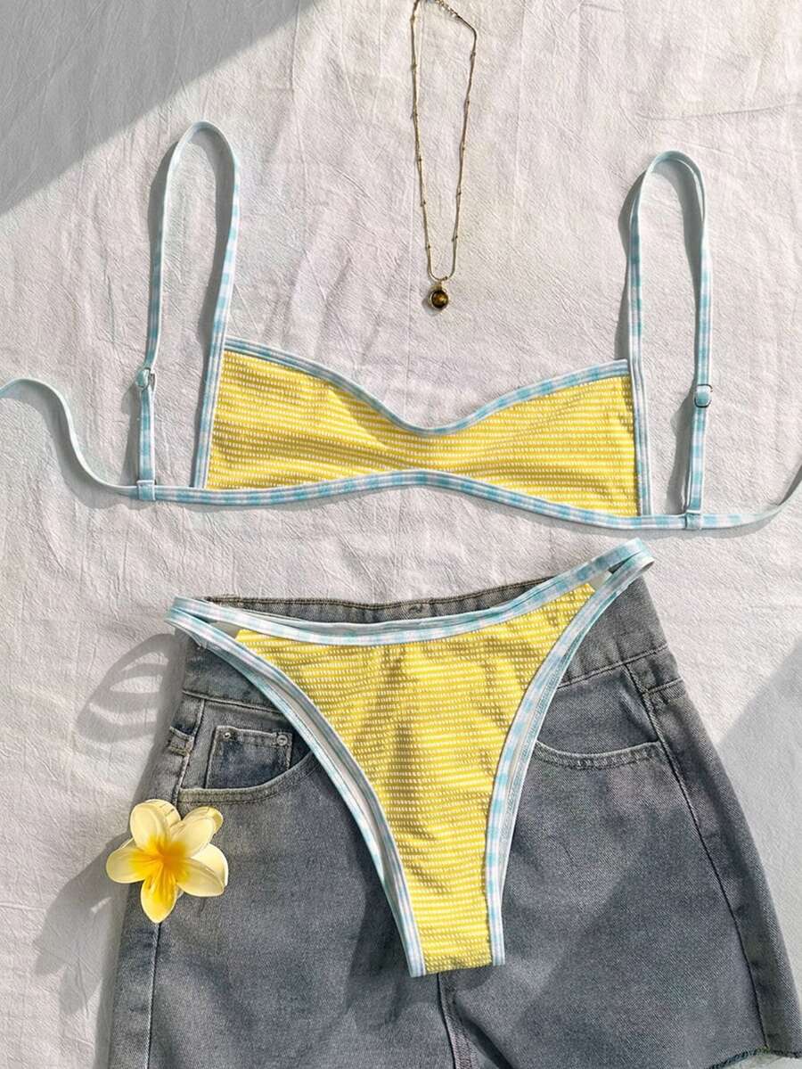 SHEIN Swim 2026新款女款夏季黃色獨特面料粉色滾邊比基尼,細肩帶性感可愛度假修身休閒俏皮兩件式泳衣海灘裝 - 黃色 - 查看 1