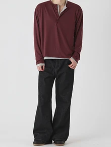 DAZY Men's Textured Fabric Solid Color Basic Half-Placket T-Shirt Fall - Burgundy - View 3
