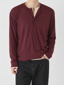DAZY Men's Textured Fabric Solid Color Basic Half-Placket T-Shirt Fall - Burgundy - View 5