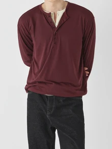 DAZY Men's Textured Fabric Solid Color Basic Half-Placket T-Shirt Fall - Burgundy - View 7