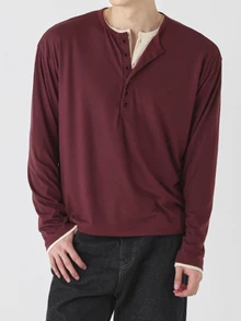 DAZY Men's Textured Fabric Solid Color Basic Half-Placket T-Shirt Fall - Burgundy - View 6