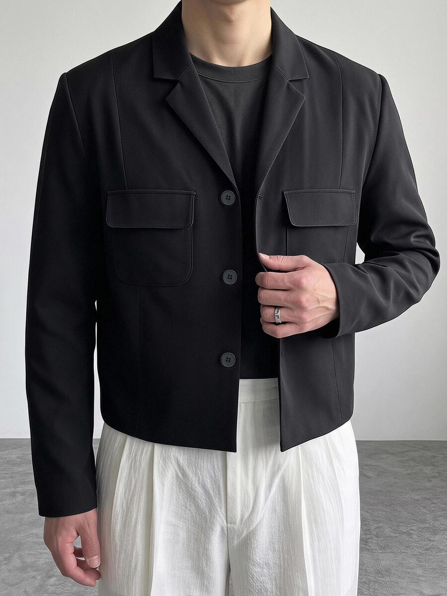 DAZY Black Short Commuter Solid Color Men's Blazer Fall - Black - View 1