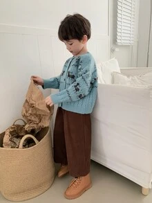 Dazy Kids Young Boys Colorblock Loose Cardigan Sweater Jacket, Autumn/Winter Open Front - Dusty Blue - View 5