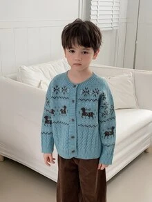 Dazy Kids Young Boys Colorblock Loose Cardigan Sweater Jacket, Autumn/Winter Open Front - Dusty Blue - View 6