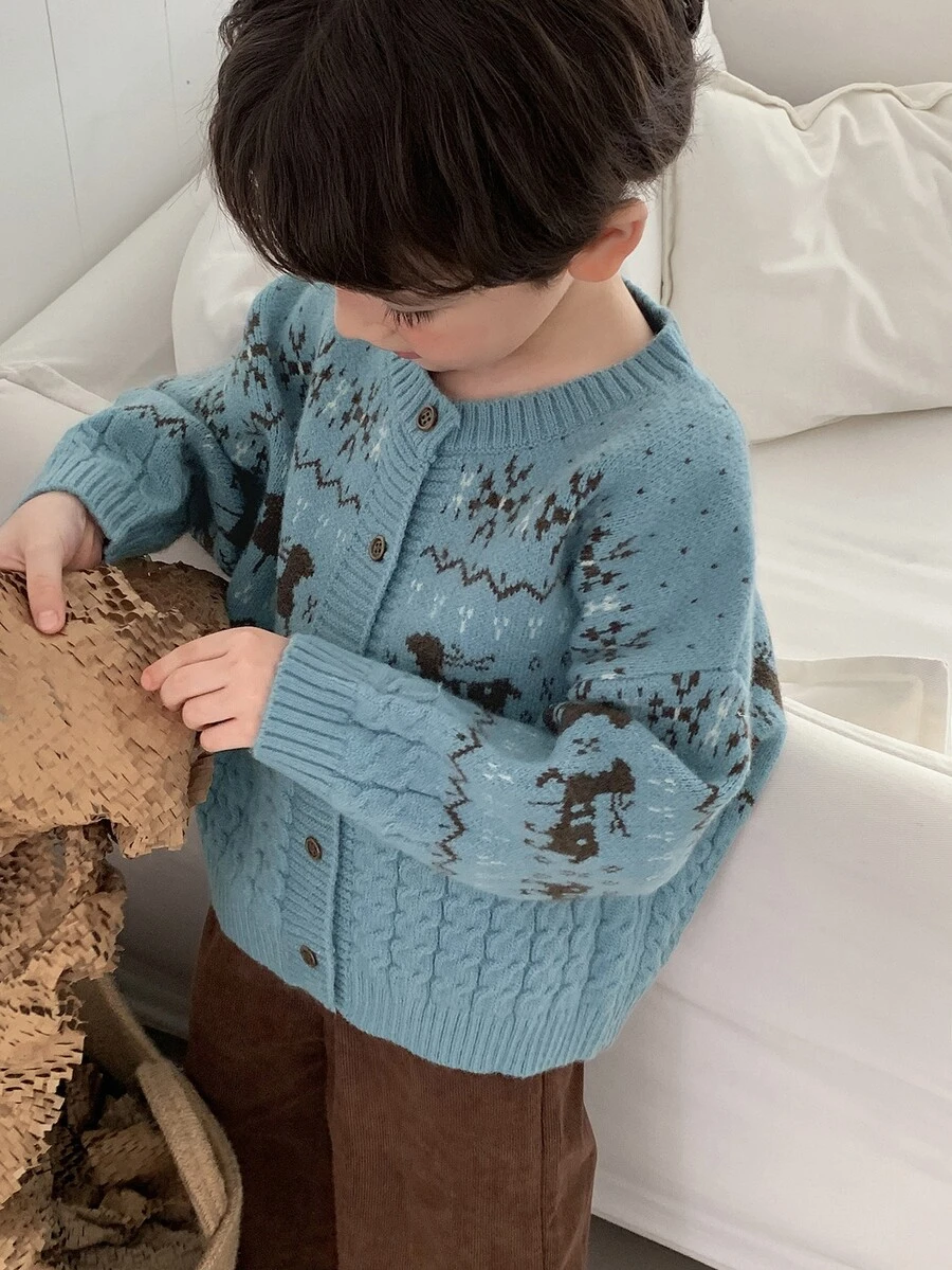 Dazy Kids Young Boys Colorblock Loose Cardigan Sweater Jacket, Autumn/Winter Open Front - Dusty Blue - View 1