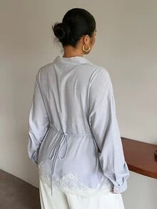 Dazy Plus Spring Wrap Long Sleeve Light Blue Lace Patchwork Tie Waist Blouse For Commute, Wedding Party Cocktail, Casual Elegant Celestial, Plus Size - Baby Blue - View 2