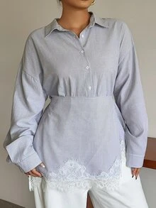 Dazy Plus Spring Wrap Long Sleeve Light Blue Lace Patchwork Tie Waist Blouse For Commute, Wedding Party Cocktail, Casual Elegant Celestial, Plus Size - Baby Blue - View 6