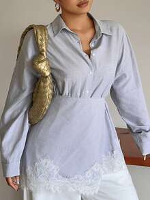 Dazy Plus Spring Wrap Long Sleeve Light Blue Lace Patchwork Tie Waist Blouse For Commute, Wedding Party Cocktail, Casual Elegant Celestial, Plus Size - Baby Blue - View 8