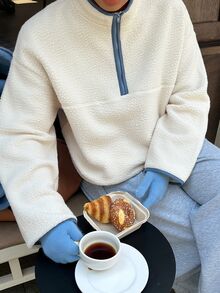 Dazy Plus Thermal Lined Thick Lamb Wool Half-Open Front Streetwear Traditional Casual Autumn/Winter New White Sweatshirt Formal Birthday - Apricot - View 8