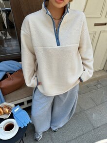 Dazy Plus Thermal Lined Thick Lamb Wool Half-Open Front Streetwear Traditional Casual Autumn/Winter New White Sweatshirt Formal Birthday - Apricot - View 1