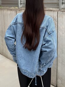 FRIFUL Jaket Denim Kasual Wanita Kancing Tunggal untuk Sehari-hari - Biru - View 2