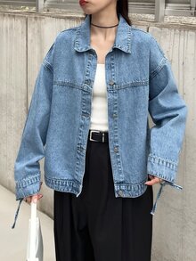 FRIFUL Jaket Denim Kasual Wanita Kancing Tunggal untuk Sehari-hari - Biru - View 4