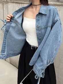 FRIFUL Jaket Denim Kasual Wanita Kancing Tunggal untuk Sehari-hari - Biru - View 1