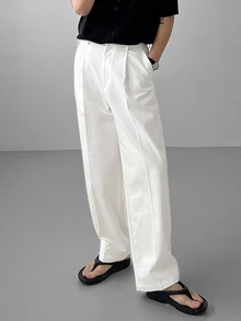 DAZY Spring/Autumn Solid White Pleated Straight Leg Long Pants For Men - White - View 6