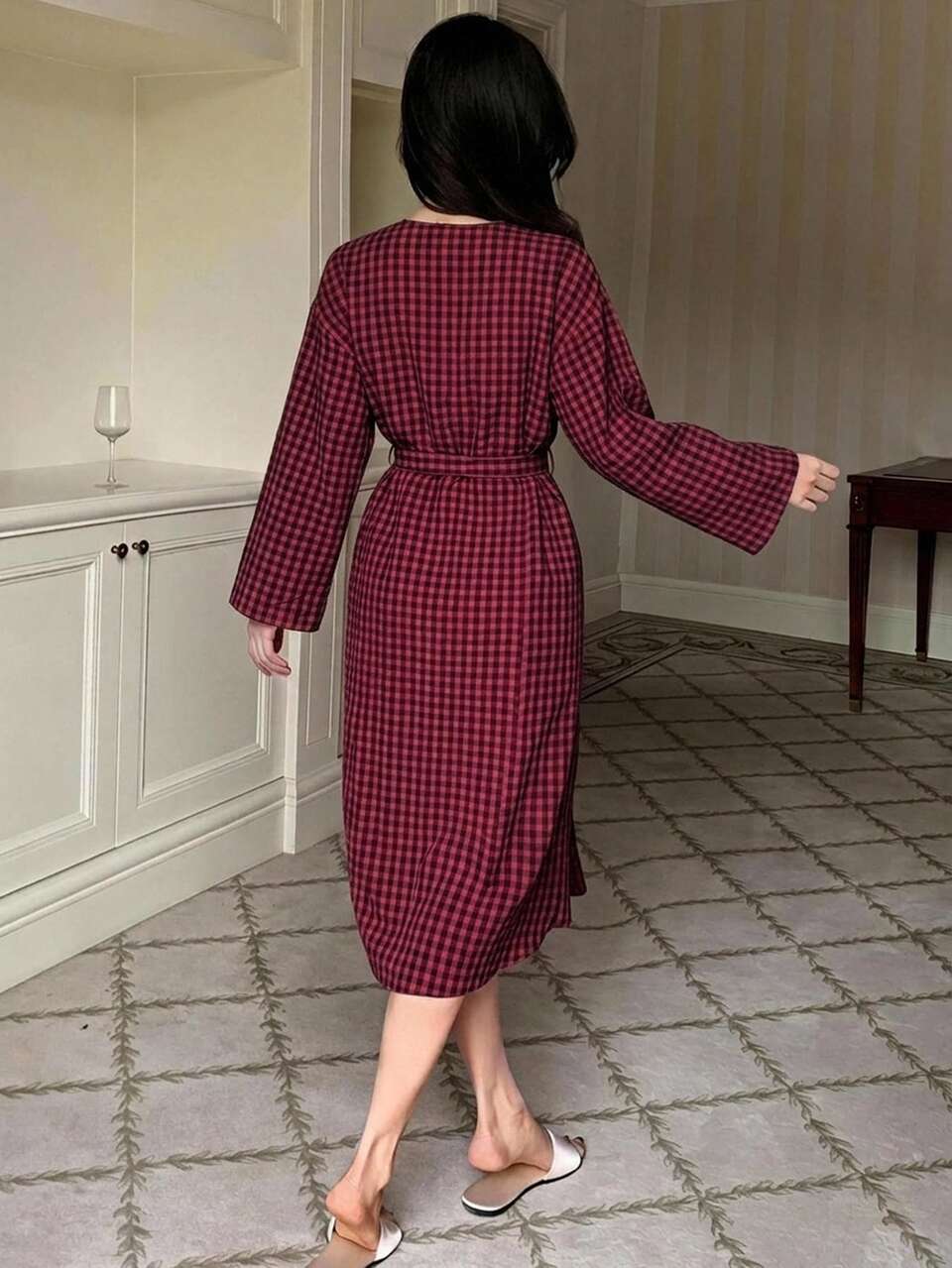 Summer Autumn Loose Lace Patchwork Plaid Long Women's Nightgown