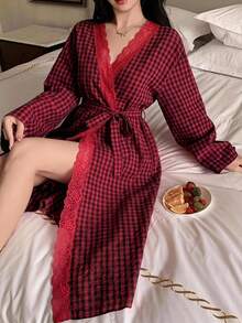 DAZY 夏秋款女式寬鬆蕾絲拼接格紋長款睡裙 - 酒紅色 - 查看 3
