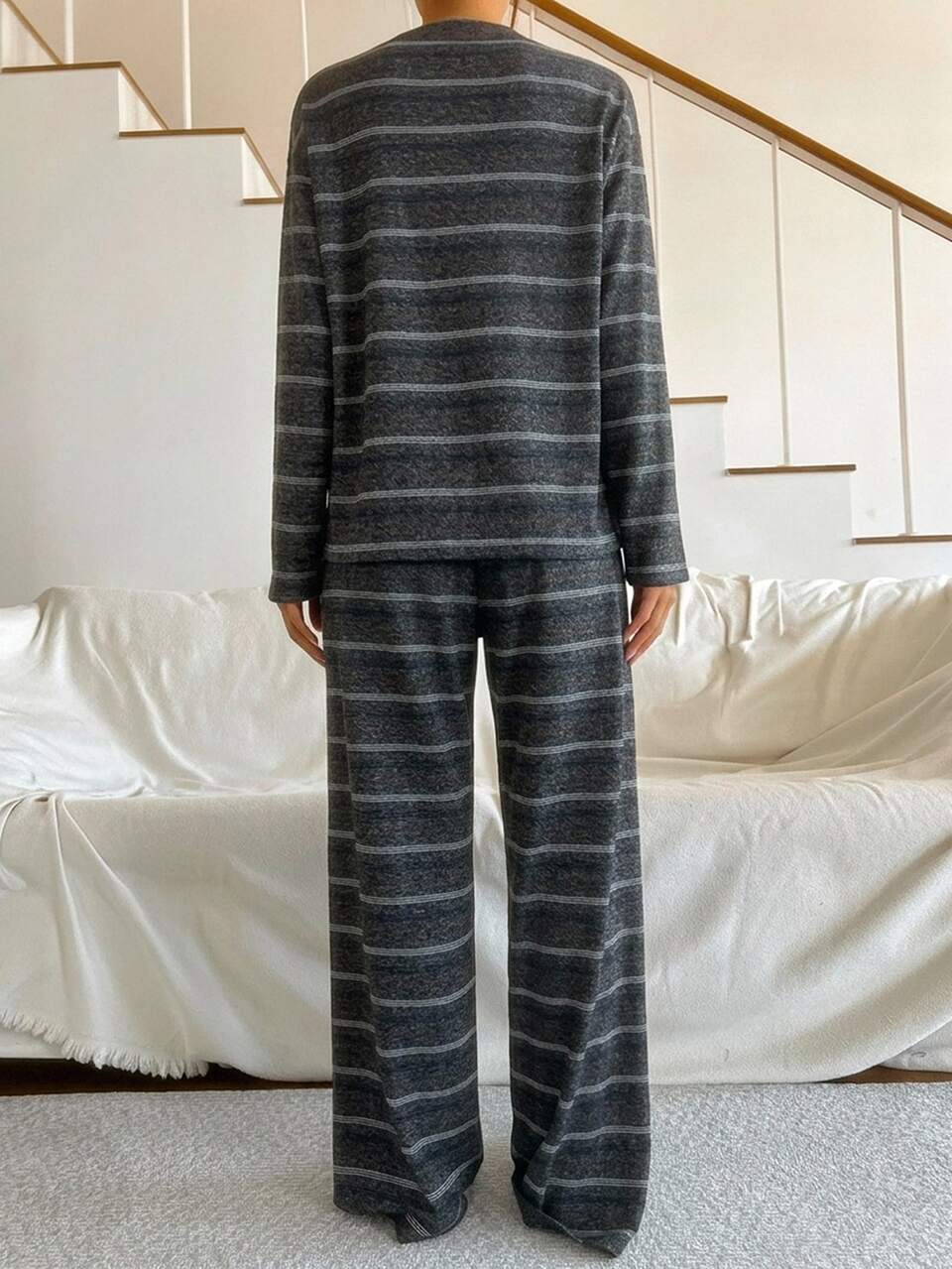 Women's Striped Crew Neck Drop Shoulder Long Sleeve Top And Pants Pajama Set
