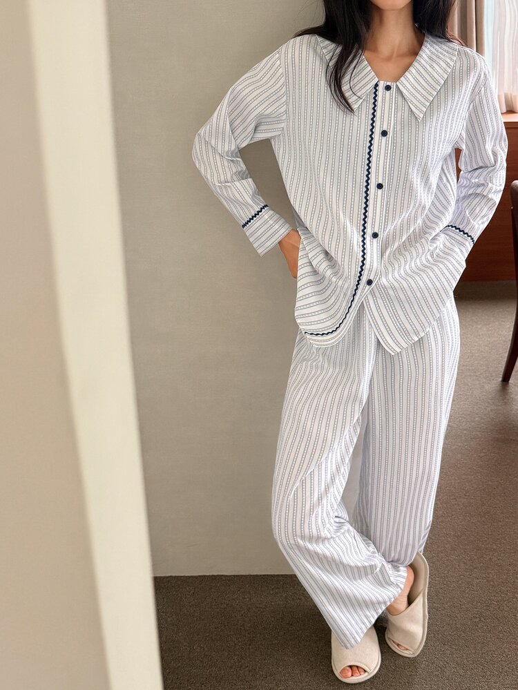 DAZY Women's Striped Long Sleeve Top And Pants Casual Daily Home Sleepwear Set - Blue - View 5