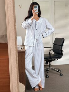 DAZY Set Pakaian Tidur Rumah Harian Kasual Wanita Atasan Lengan Panjang Motif Garis dan Celana - Biru - View 7