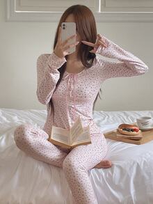 DAZY Ditsy Floral Print Knot Front Pajama Set - Pink - View 6