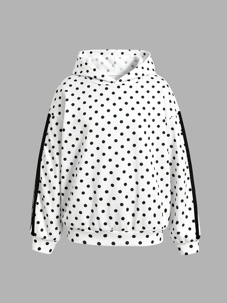 SHEIN 兒童青少年女孩黑白波點印花膠帶裝飾運動衫，秋季上學穿著套頭衫 - 黑與白 - 查看 3
