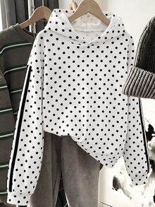 SHEIN Kids Tween Girl Black White Polka Dot Print Tape Decor Sweatshirt, Pullover For Autumn, School - Black and White - View 10