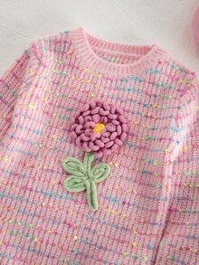 SHEIN Kids Young Girl Knit Crew Neck 3D Floral Casual Autumn Sweater - Multicolor - View 8