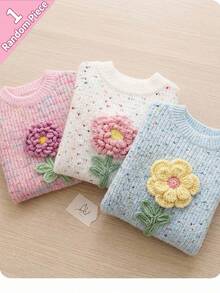 SHEIN Kids Young Girl Knit Crew Neck 3D Floral Casual Autumn Sweater - Multicolor - View 1