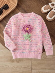 SHEIN Kids Young Girl Knit Crew Neck 3D Floral Casual Autumn Sweater - Multicolor - View 4