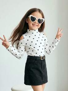 SHEIN Kids Young Girl Knitted Cold Shoulder Stand Collar Heart Pattern Casual T-Shirt - White - View 6