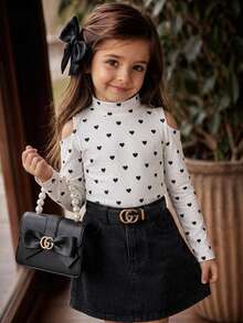 SHEIN Kids Young Girl Knitted Cold Shoulder Stand Collar Heart Pattern Casual T-Shirt - White - View 2