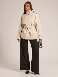 SHEIN BAE Women's Solid Color Raglan Sleeve Casual Trench Coat Jacket - Apricot - View 1