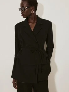 ATUI Studio 女款綁帶腰西裝外套，不對稱口袋設計，修身百搭套裝，歐美風休閒優雅黑色秋季通勤款 - 黑色 - 查看 3
