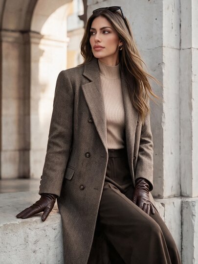 Anewsta Manteau long ample pour femme, automne/hiver, nouveau, rétro décontracté et relax, pour le quotidien et les trajets, polyvalent, couleur laine à texture chevrons, manches longues, col revers