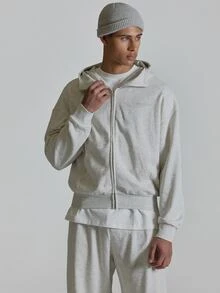 Musero Hoodie Leher Corong dengan Resleting, Kantong Kanguru, Tudung Dua Lapis, Setelan Hoodie Saja, Perlengkapan Musim Gugur dan Musim Dingin. - Grey - View 1