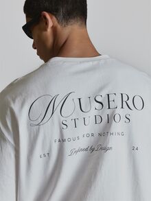 Musero Oversized Graphic Short Sleeve Tshirt Crewneck "MNML STUDIOS" Back Graphic Autum Winter Essentials - White - View 6