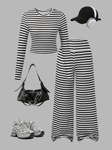 SHEIN Elladie kids Tween女孩秋冬休閒百搭日常內搭/外穿瑜伽健身運動底層圓領長袖修身短版上衣與翻折寬腰帶直筒寬鬆長褲Ins風針織純色T恤套裝，黑色白色條紋腰帶 - 黑色 - 查看 4