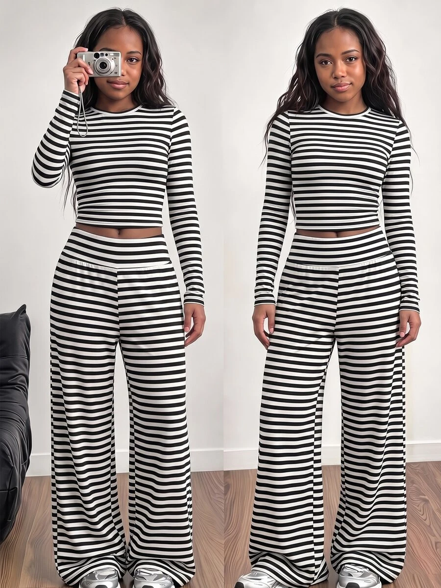 SHEIN Elladie kids Tween女孩秋冬休閒百搭日常內搭/外穿瑜伽健身運動底層圓領長袖修身短版上衣與翻折寬腰帶直筒寬鬆長褲Ins風針織純色T恤套裝，黑色白色條紋腰帶