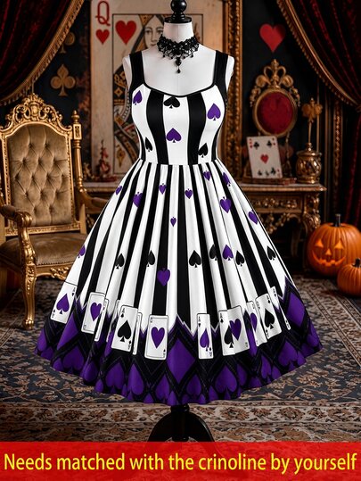 Rometta Women's Plus Size Halloween Vertical Stripe Spade Club Poker Card Print Dress, Party Outfit 1920 Vintage Retro