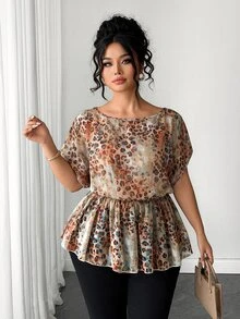 SHEIN LUNE CURVE Blus Chiffon Motif Leopard Tie-Dye Vintage Prancis Ukuran Plus, Lengan Kelelawar, Pinggang Berkerut, Hem Bergelombang, Kemeja Chiffon Bertekstur yang Melangsingkan dan Menonjol untuk Musim Semi dan Musim Panas, untuk Perjalanan dan Kencan - Biru - View 7
