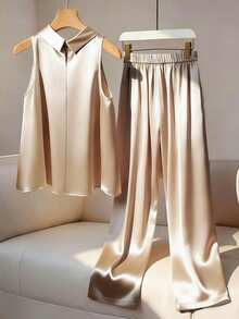 Formidée Plus Size Satin Champagne Bow Decor Sleeveless Shirt&Loose Straight Leg Pants 2 Pieces Set,Autumn Elegant Formal For Outings,Dates,Parties,Commuting - Apricot - View 4
