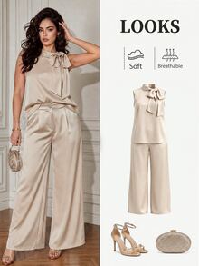 Formidée Plus Size Satin Champagne Bow Decor Sleeveless Shirt&Loose Straight Leg Pants 2 Pieces Set,Autumn Elegant Formal For Outings,Dates,Parties,Commuting - Apricot - View 3