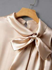Formidée Plus Size Satin Champagne Bow Decor Sleeveless Shirt&Loose Straight Leg Pants 2 Pieces Set,Autumn Elegant Formal For Outings,Dates,Parties,Commuting - Apricot - View 6