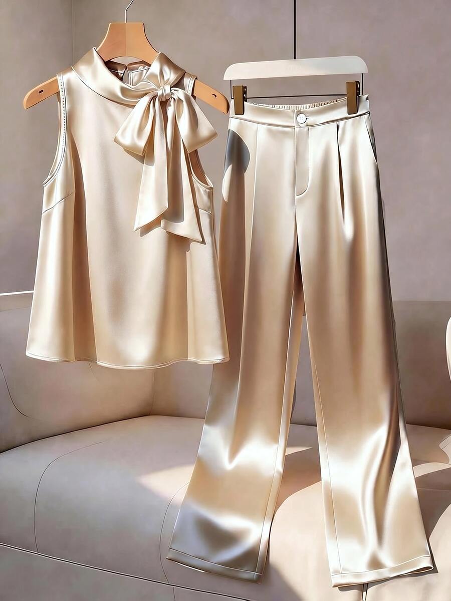 Formidée Plus Size Satin Champagne Bow Decor Sleeveless Shirt&Loose Straight Leg Pants 2 Pieces Set,Autumn Elegant Formal For Outings,Dates,Parties,Commuting - Apricot - View 1
