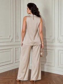 Formidée Plus Size Satin Champagne Bow Decor Sleeveless Shirt&Loose Straight Leg Pants 2 Pieces Set,Autumn Elegant Formal For Outings,Dates,Parties,Commuting - Apricot - View 2