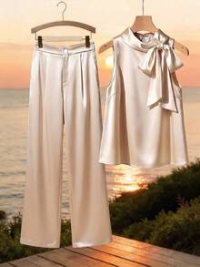Formidée Plus Size Satin Champagne Bow Decor Sleeveless Shirt&Loose Straight Leg Pants 2 Pieces Set,Autumn Elegant Formal For Outings,Dates,Parties,Commuting - Apricot - View 7
