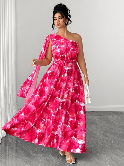 Formidée Women's New Summer Printed Random Cut Asymmetrical Shoulder Spring/Summer Tie Dye Floral Bright Color Waist-Defining Design Shawl Asymmetrical Sleeveless A-Line French Elegant Sophisticated Maxi Dress, Women's New Dress